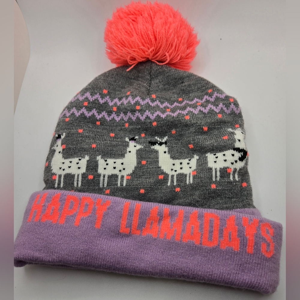 🪀 ❄️ OshKosh B'gosh Knit Beanie/hat Happy Llamadays Lavender Neon Pink Grey
